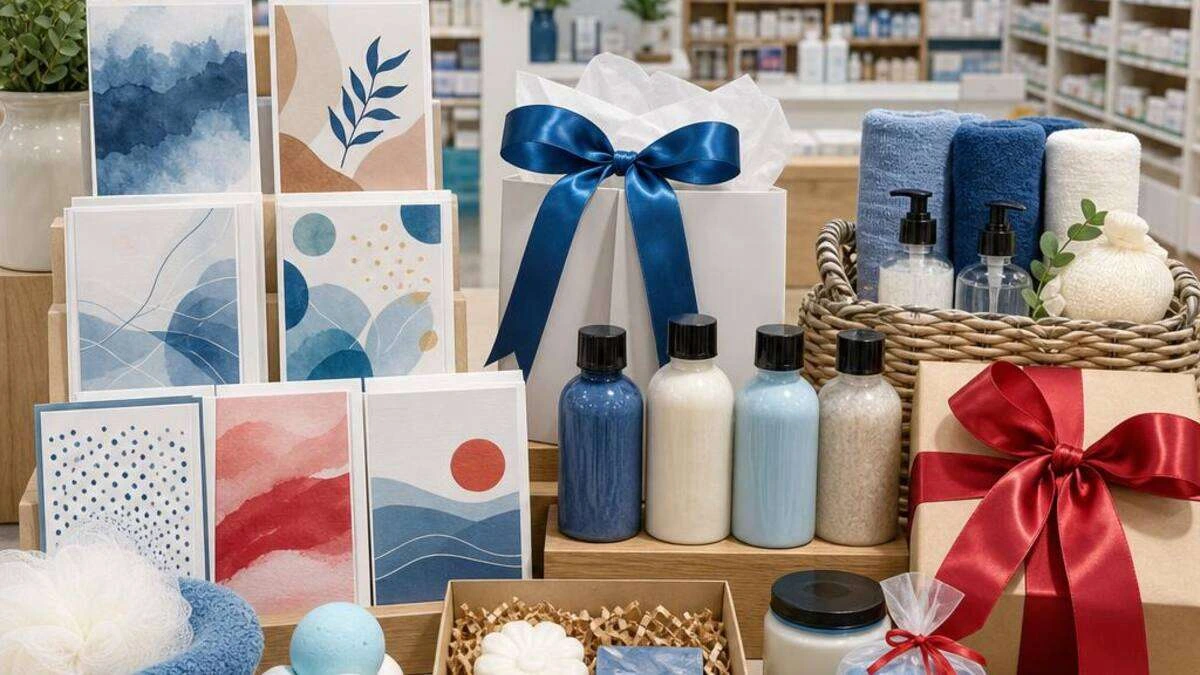 Greeting cards, bath products, ribbons, and gift items arranged in a pharmacy display