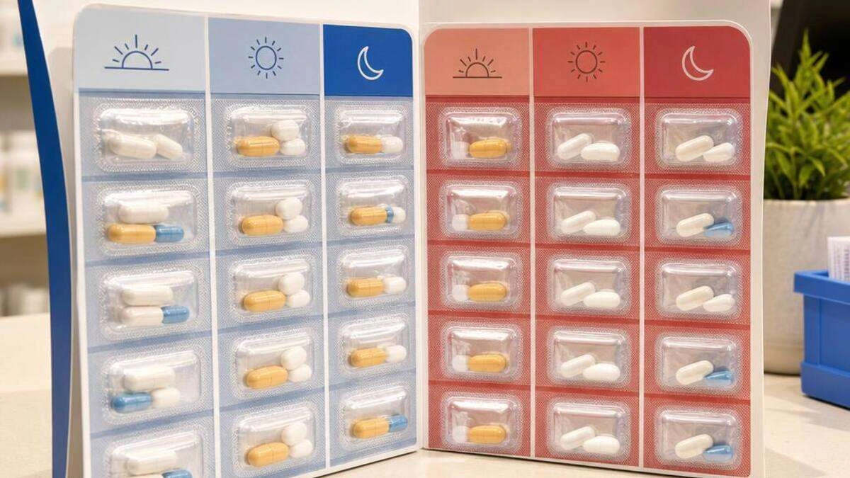 Organized multi-dose medication packaging arranged by dose time on a pharmacy counter