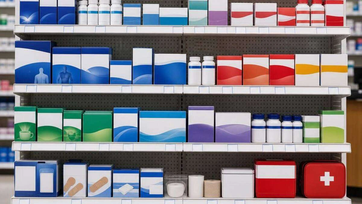 Shelves of over-the-counter health and wellness products in a community pharmacy