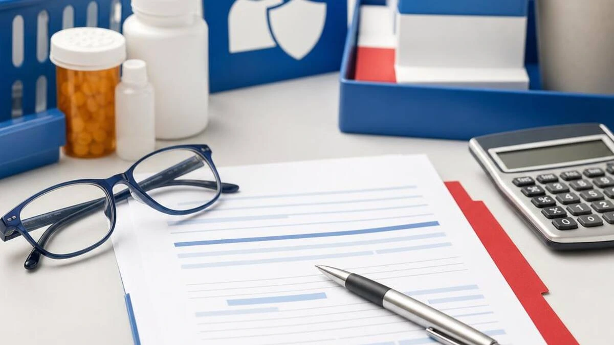 Prescription coverage review materials, calculator, pen, and reading glasses