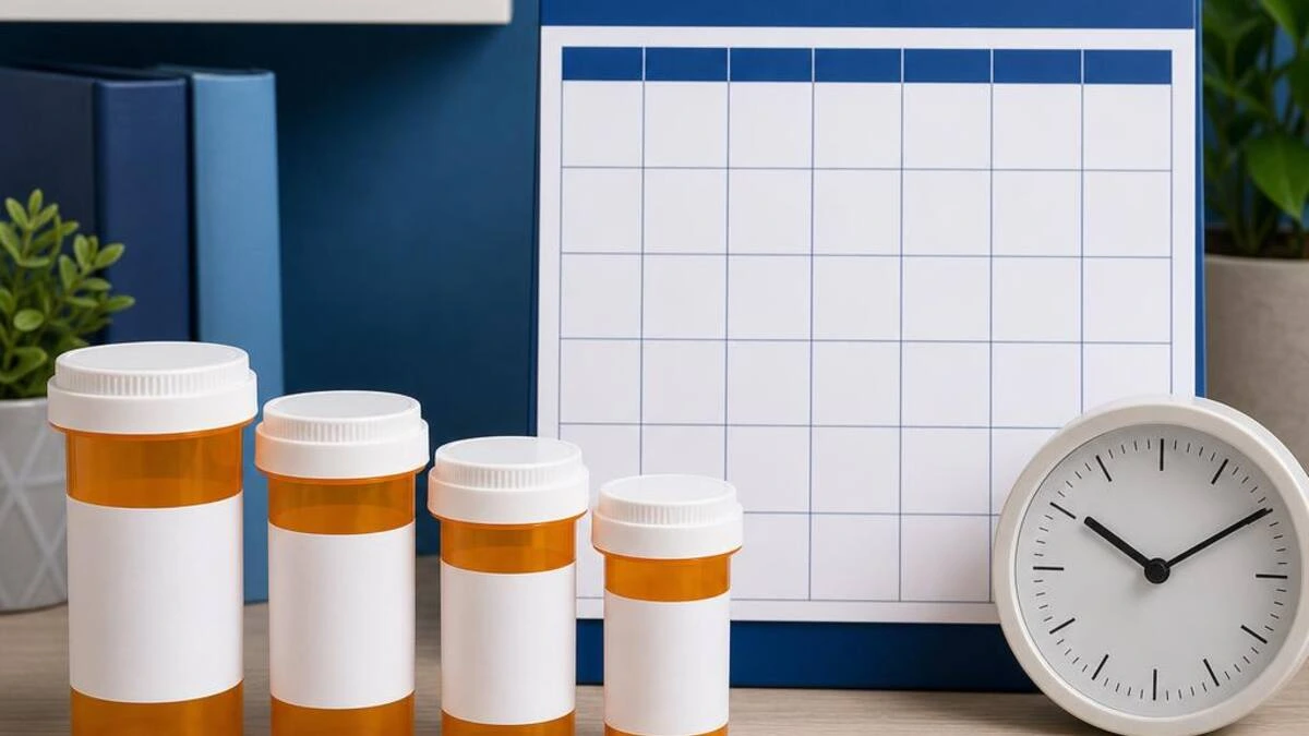 Prescription bottles arranged beside a monthly calendar and clock