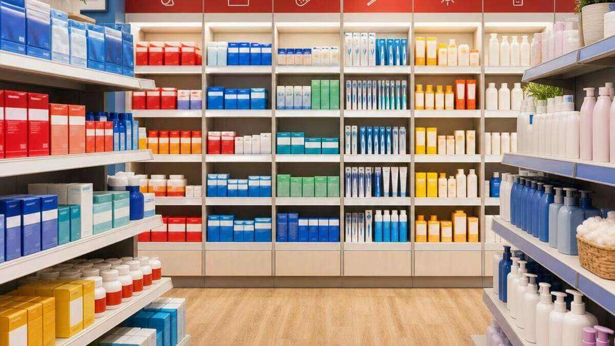 Organized over-the-counter health and personal care products in a pharmacy aisle