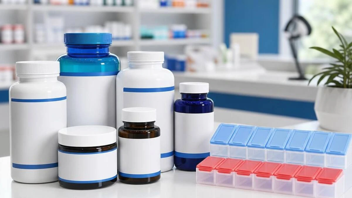 Vitamin and supplement bottles arranged beside a weekly organizer